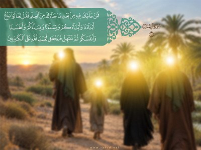 فَمَنْ حَاجَّكَ فِيهِ مِنْ بَعْدِ مَا جَاءَكَ مِنَ الْعِلْمِ فَقُلْ تَعَالَوْا نَدْعُ أَبْنَاءَنَا وَأَبْنَاءَكُمْ وَنِسَاءَنَا وَنِسَاءَكُمْ وَأَنْفُسَنَا وَأَنْفُسَكُمْ ثُمَّ نَبْتَهِلْ فَنَجْعَلْ لَعْنَتَ اللَّهِ عَلَى الْكَاذِبِينَ